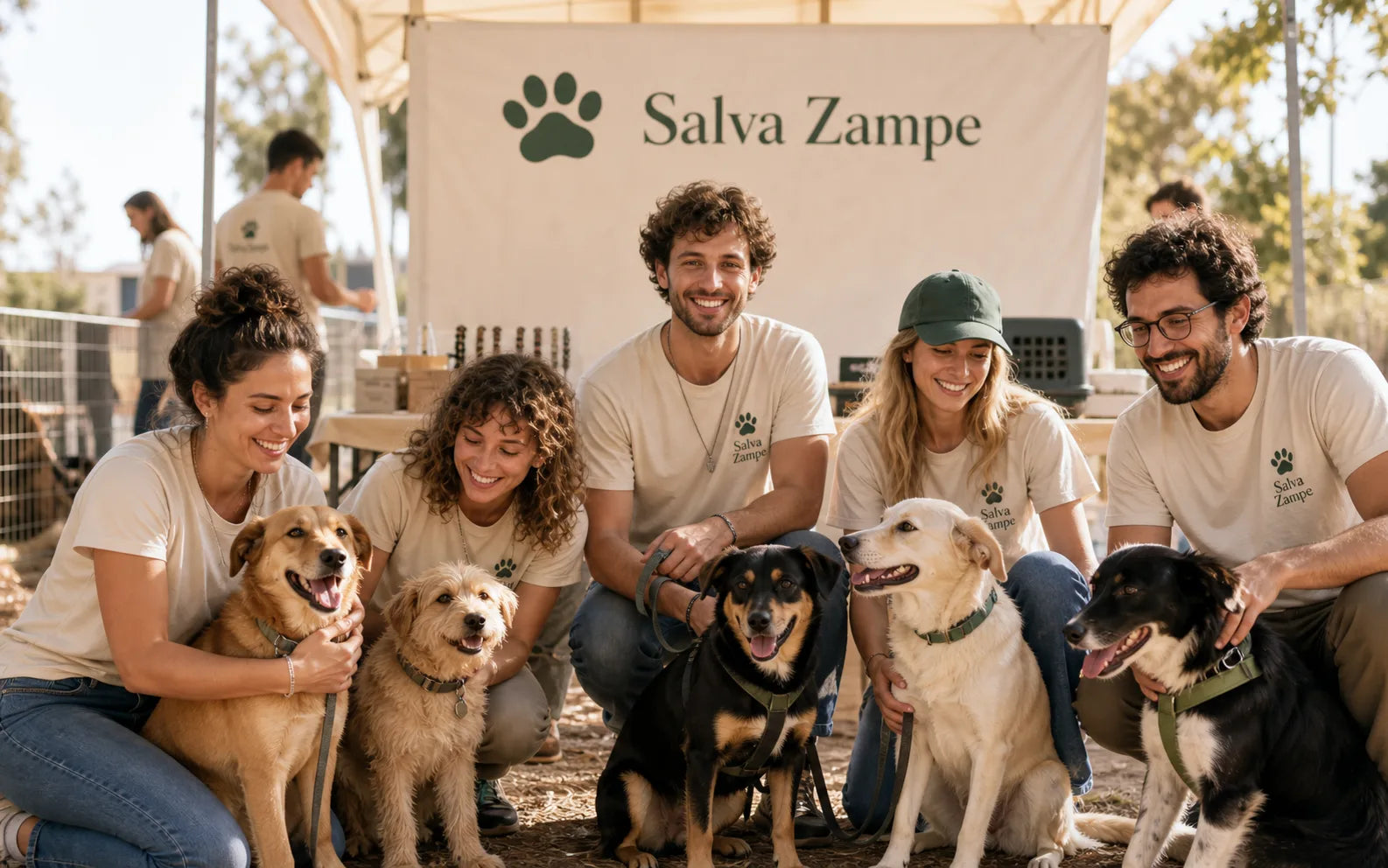 Team SalvaZampe con cani salvati durante un evento solidale