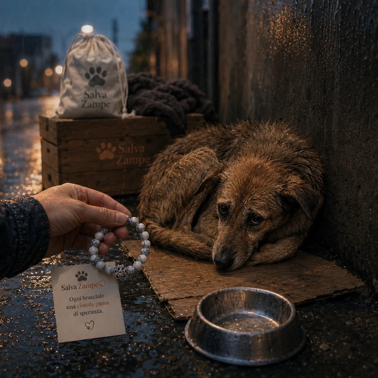 Cane randagio rannicchiato accanto a una ciotola vuota prima di ricevere aiuto